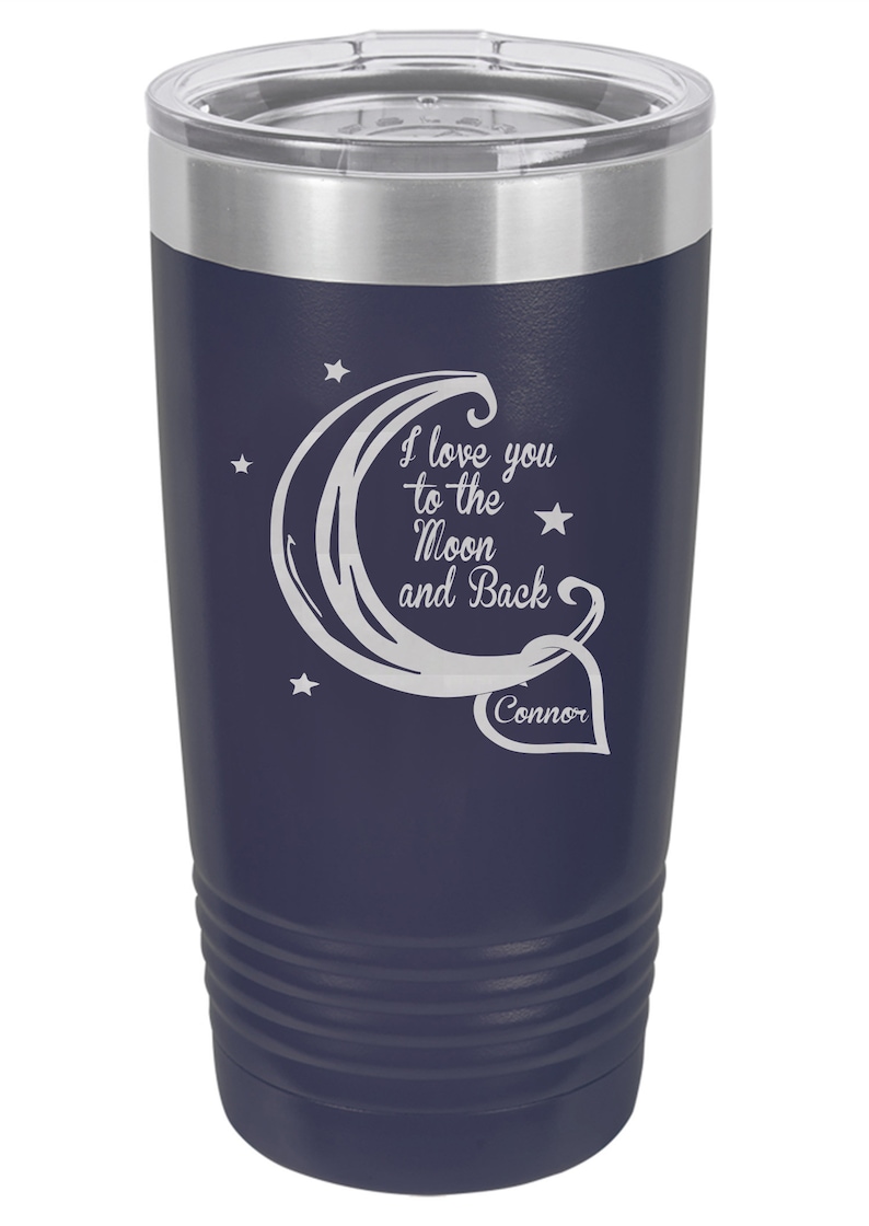 Je t'aime jusqu'à la lune et retour, cadeau personnalisé, cadeau monogramme, cadeau d'anniversaire, tasse thermo noire, gobelet à café, 6 couleurs différentes Navy