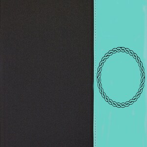 May include: A teal blue notebook with a black braided circle design and the word "Name" printed on the front cover.