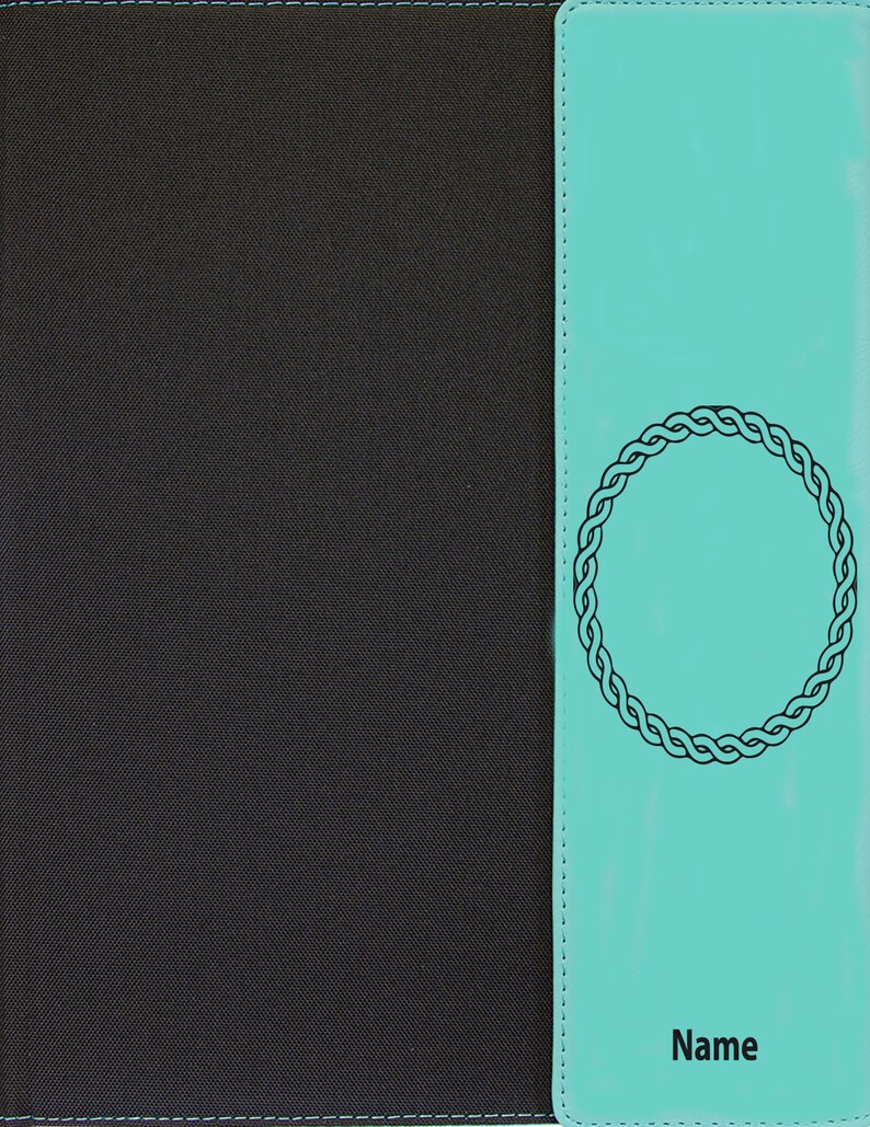 May include: A teal blue notebook with a black braided circle design and the word "Name" printed on the front cover.
