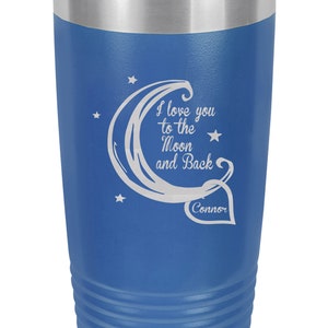 Je t'aime jusqu'à la lune et retour, cadeau personnalisé, cadeau monogramme, cadeau d'anniversaire, tasse thermo noire, gobelet à café, 6 couleurs différentes Blue