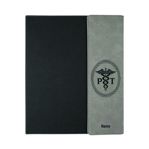 PT, cadeau PT, portefeuille en cuir noir de kinésithérapeute, cahier personnalisé de kinésithérapeute, anniversaire de kinésithérapeute Grey and Black