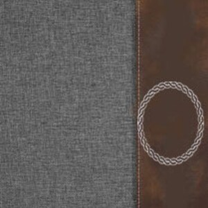 May include: A gray linen journal with a brown leather spine and a decorative rope circle design. The spine has the word "Name" printed on it.