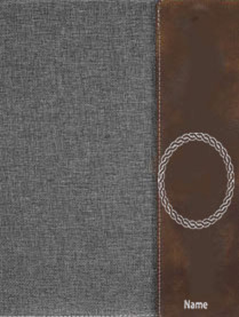 May include: A gray linen journal with a brown leather spine and a decorative rope circle design. The spine has the word "Name" printed on it.