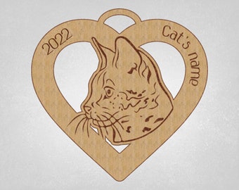 Savannah Cat, wood ornament, with year, Savannah Cat Gift, Cat heart Ornament, Mothers Day Gift, Custom Cat Ornament, Monogrammed gift