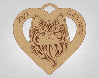 Long Hair Cat, wood ornament, with year, Long Hair Cat Gift, Cat heart Ornament, Mothers Day Gift, Custom Cat Ornament, Monogrammed gift