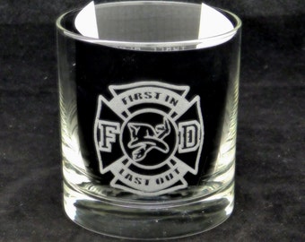 Fireman, First In Last Out one alarm two alarm three alarm on the rocks glass, fireman gift, firefighter, fire station, Christmas gift