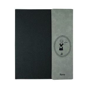 May include: A gray and black leatherette menu cover with a waitress illustration and the word "Name" printed on the front.