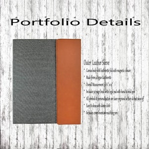 May include: A brown leather portfolio with a gray canvas body. The portfolio has a magnetic closure and includes a 50-page lined legal pad with a band to hold a pen. The portfolio is made from vegan leatherette and measures 1/2 inch by 12 inches.