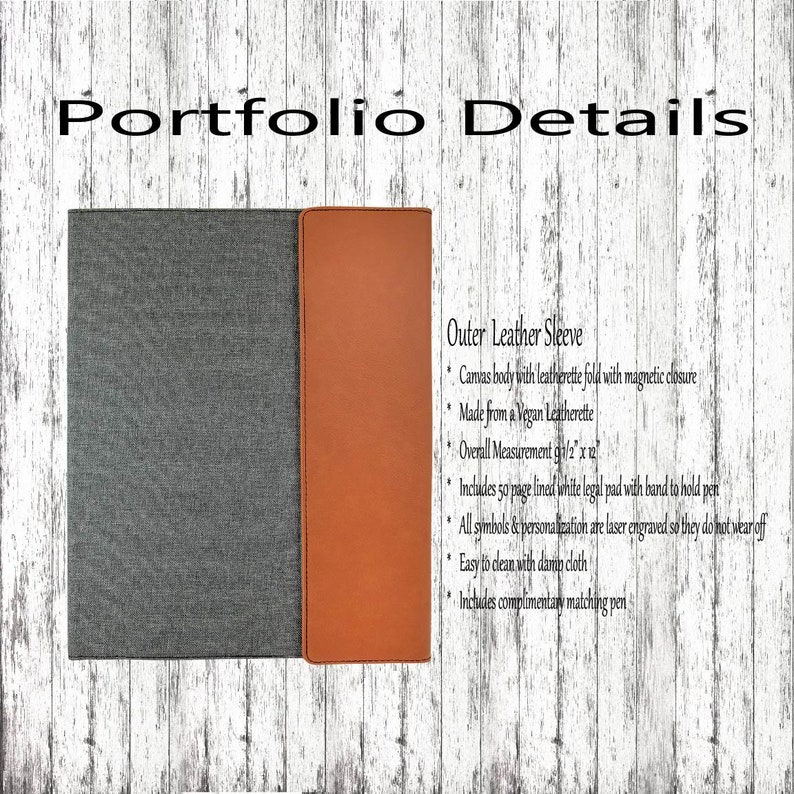 May include: A brown leather portfolio with a gray canvas body. The portfolio has a magnetic closure and includes a 50-page lined legal pad with a band to hold a pen. The portfolio is made from vegan leatherette and measures 1/2 inch by 12 inches.