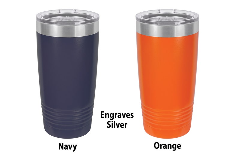 May include: Two stainless steel tumblers with lids. The tumbler on the left is navy blue and the tumbler on the right is orange. Both tumblers have a silver band around the top and engrave silver.