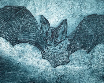 Bat in flight - dark. Original drypoint print
