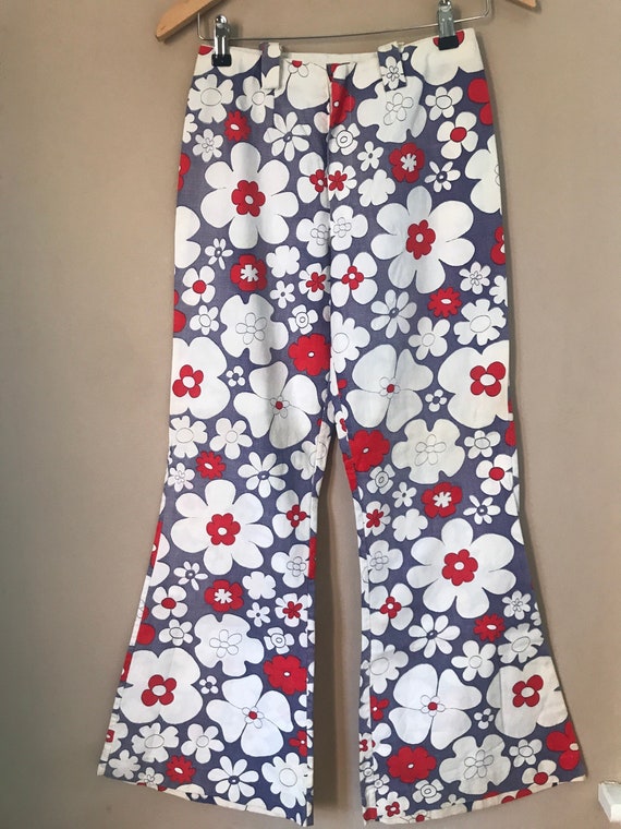 60s floral red white and blue flare leg retro fun 