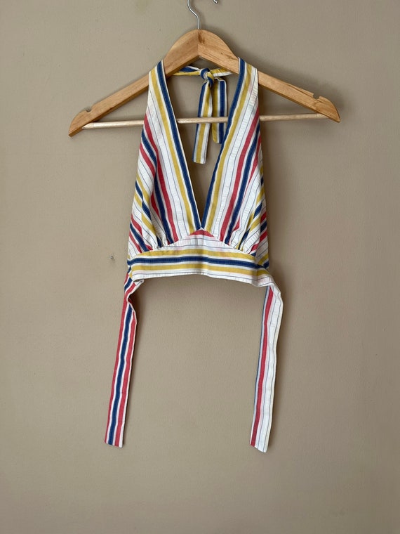 Small handmade halter top striped yellow red blue 