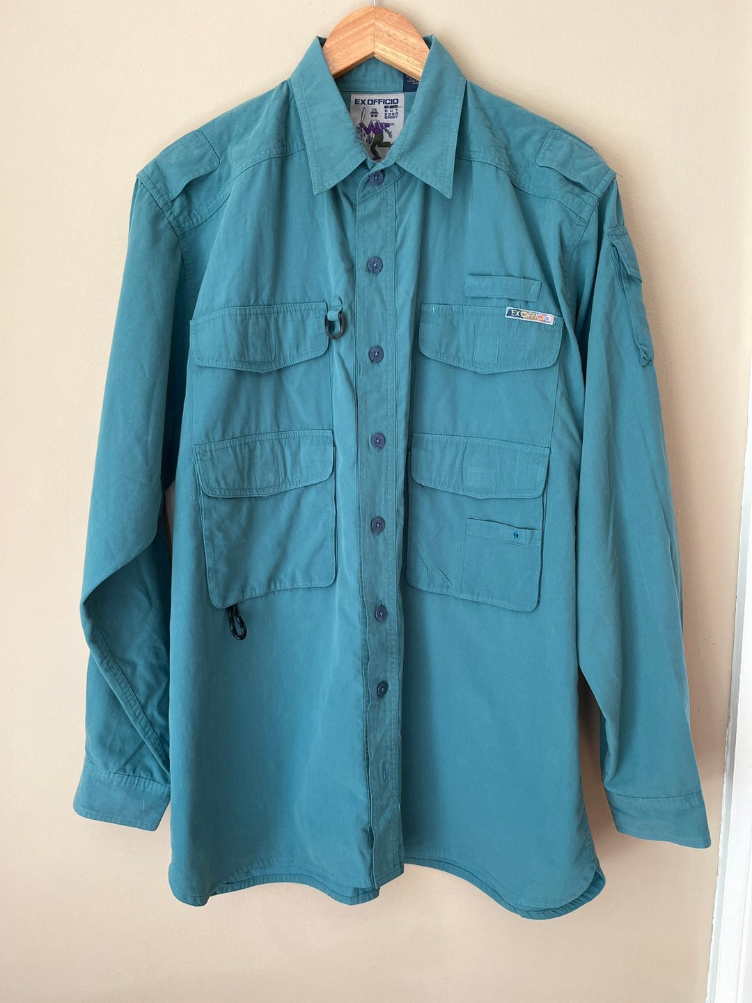 Mens Large Aqua Blue Fishing Shirt Long Sleeve Vintage 60/40