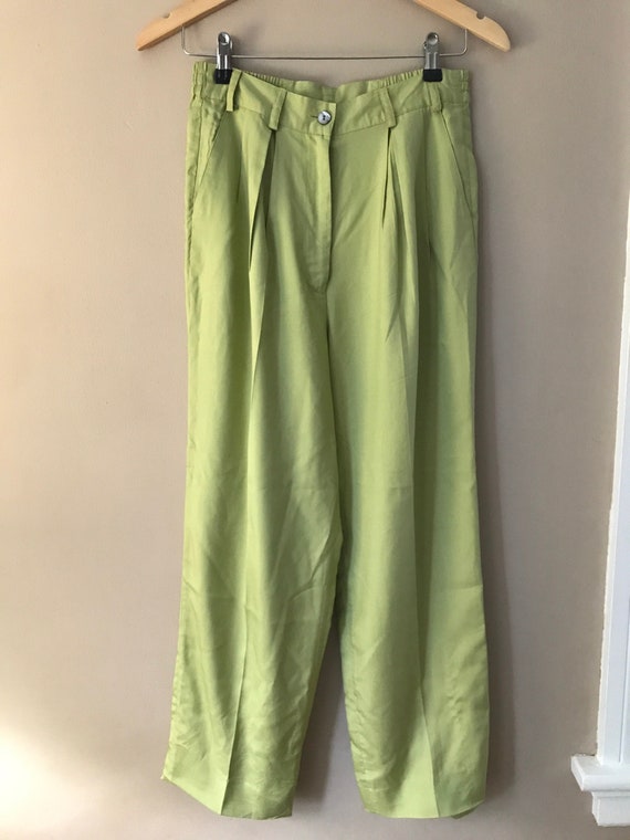 Lime Green Pure Silk Womens Pants Vintage Spring Lightweight