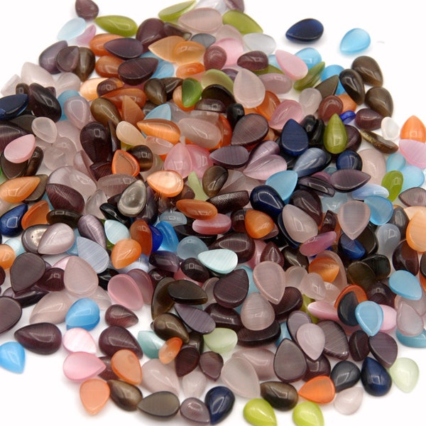 100 Cats Eye Glass Cabs 4x7 - 10mm Teardrops Tear Assorted Mixed Flat Back Colors Cabochons