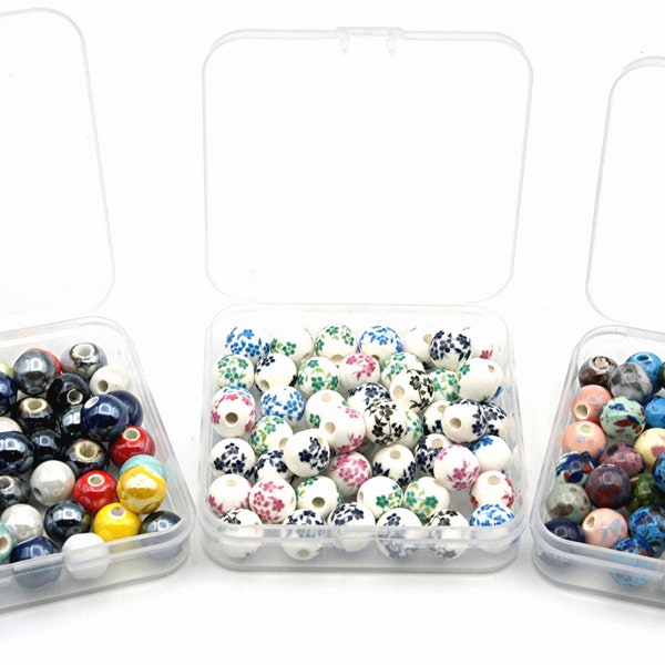 50 Porcelain Beads 10mm Round w Bin Assorted Mixed Choose Flower Spotted Pearlized Handmade