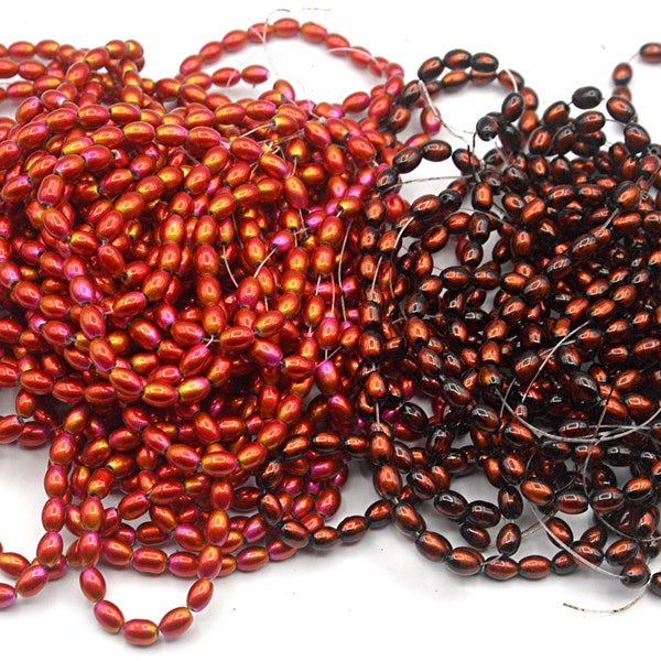 9mm Glass Metallic Oval Rice Painted Long 30" Strand / 90 Beads 9x6.5mm Red/Orange , Burnt Orange/Black