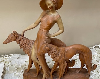 A. SANTINI Vintage Figurine Art Deco LADY With Borzoi DOG 17