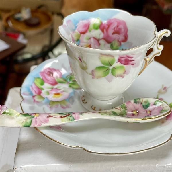 Sweet Unique Demitasse Cup, Saucer, and Hand-Painted Spoon~Floral~Crown Japan Mark~Gilded Edges