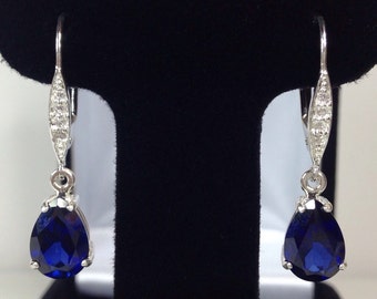 Beautiful 6cts Blue & White Sapphire Sterling Silver Leverback Earrings drop dangle Sapphire Bride Mom Gift September Wife Lady Fiancé Jewel