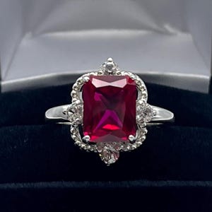4ct Emerald Cut Ruby Ring with Sizing White Sapphire accents July Birthstone Jewelry