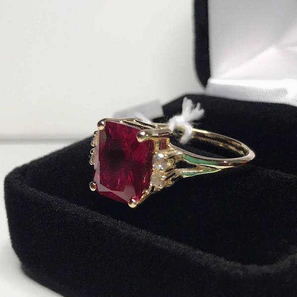 BEAUTIFUL 4ct Emerald Cut Ruby & Moissanite Diamond Ring Ruby Gold Size 5 6 7 8 9 10 Jewelry Gift Valentine Wife Fiancé Bride July Birthston