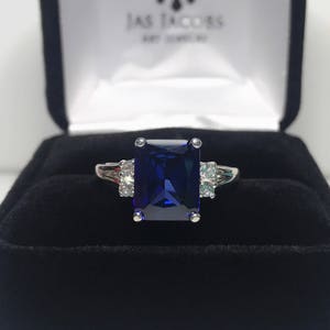 Gorgeous 4ct Emerald Cut Sapphire Ring White Sapphire Accents Sz 5 6 7 8 9 Custom Size Jewelry Gift Wife Bridal September Valentine
