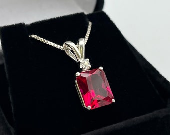 4ct Emerald Cut Lab Ruby Necklace White Sapphire accent Valentines Jewelry Gift