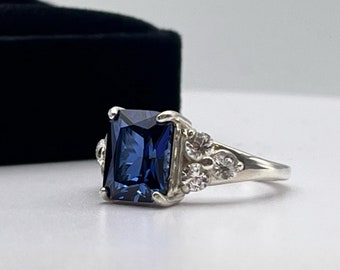 4ct Emerald Cut Sapphire Ring with Sizing White Sapphire Accents Bridal Engagement September Birthstone