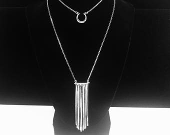 Gorgeous Sterling Silver Tassel & Crescent Layer Necklace Set Long Tassel Trending Jewelry Gift Mom Wife Daughter Liquid Silver 32" 16" 18"