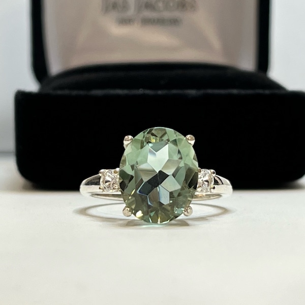 BEAUTIFUL 4.5ct Oval Cut Green Quartz  Ring White Topaz Sterling Silver Green Amethyst Prasiolite Ring Size 6 7 8 9 10 Jewelry Gift Mom Wife