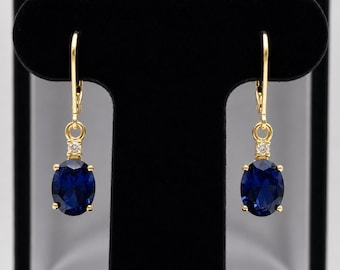 Oval Blue Sapphire Diamond Earrings, 14k Gold Leverback, September Birthstone Gift