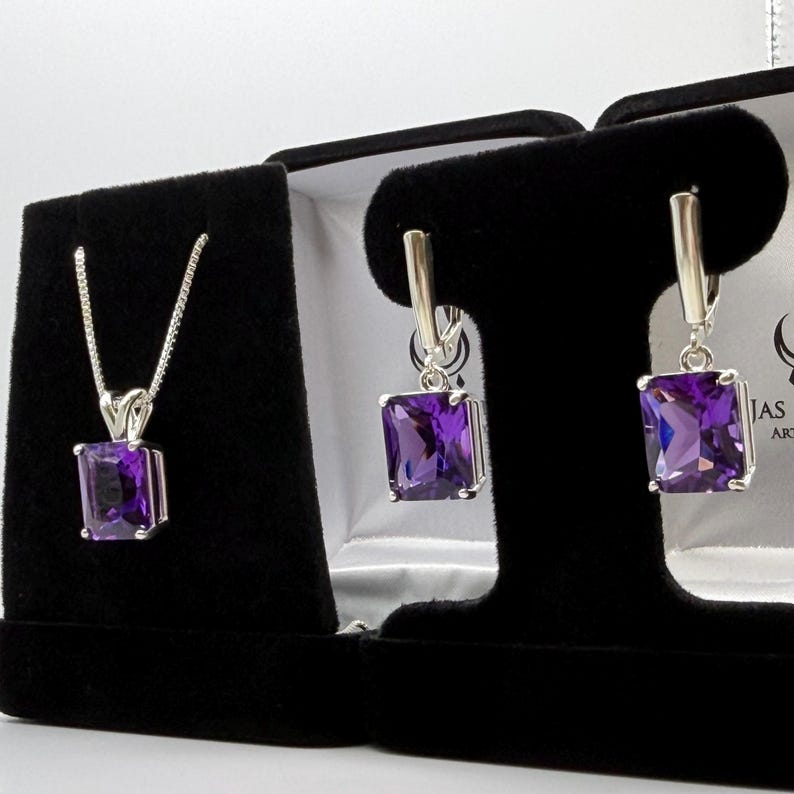 16.5ctw Emerald Cut Amethyst Earrings & Pendant Necklace Set February Birthstone Jewelry Gift image 3
