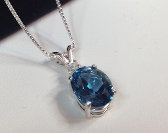 BEAUTIFUL London Blue Topaz & White Sapphire Sterling Silver Pendant Necklace 18" Trending Jewelry Gift December Mom Wife Sister Fianc