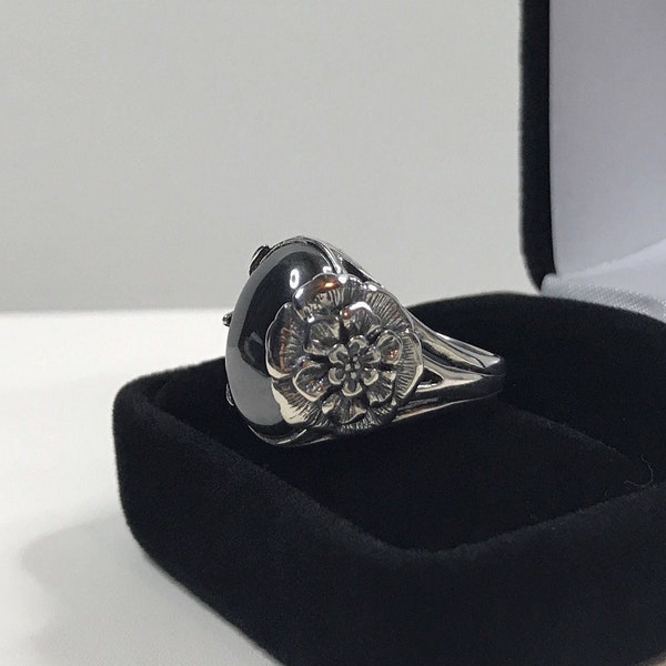 Beautiful Genuine Hematite Sterling Silver Ring Size 7 8 Floral Rose 16x12mm Trending Jewelry Gift Ring Gothic and Enchanted Mystic Healing