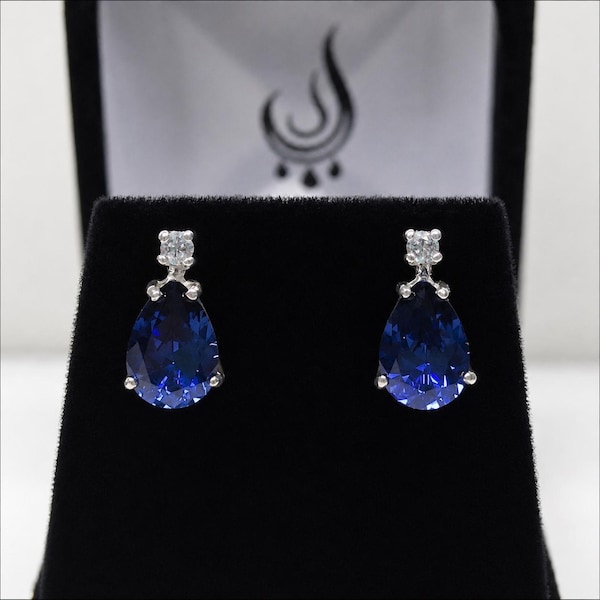 Pear Cut Blue Sapphire Earrings, Sterling Silver, September Birthstone Bridal Jewelry
