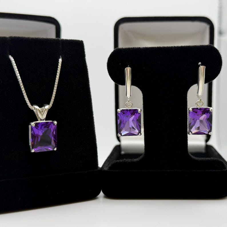 16.5ctw Emerald Cut Amethyst Earrings & Pendant Necklace Set February Birthstone Jewelry Gift image 7