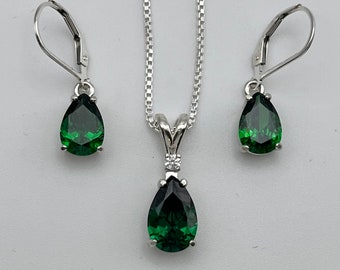 Hermoso juego de collar y aretes de esmeralda con corte de pera de 7 quilates, joyería de plata de ley, regalos para el día de la madre, piedra natal de mayo, esmeralda simulada cultivada en laboratorio