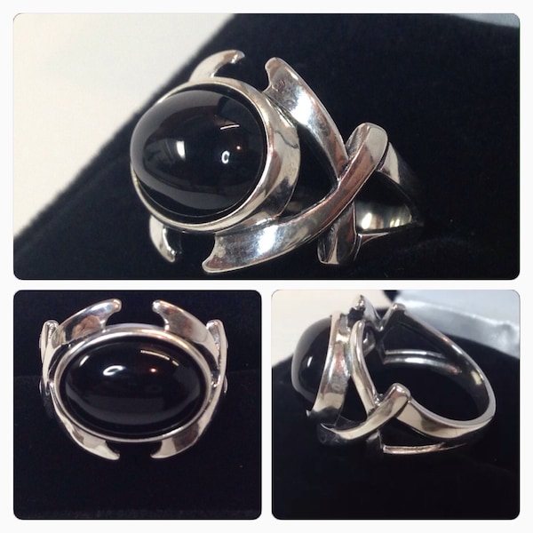 GENUINE Black Onyx & Sterling Silver Ring 7 8 Bold Design Naja Ring Woven American Blossom Gift Ladies Biker Steampunk Sci-fi Fantasy