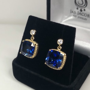 BEAUTIFUL 10ctw Cushion Cut Sapphires 14k Gold Vermeil Leverback Earrings Trending Jewelry Gift Mom Wife Bride September Birthstone Fiance