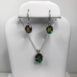 Beautiful Watermelon Tourmaline Quartz Doublet  Sterling Silver Necklace Set Earrings Oval Bi Color Tourmaline Jewelry Gift October