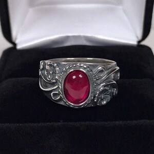 1.5ct Ruby Ring: Sterling Silver Floral Wide Band, Size 7