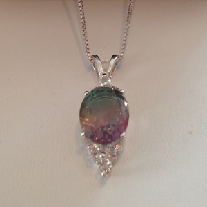Beautiful 3.3ctw Watermelon Tourmaline Doublet & White Topaz Sterling Silver Pendant Necklace Oval Bi Color Tourmaline Jewelry Gift October