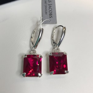 GORGEOUS 8ctw Emerald Cut Ruby Sterling Silver Drop Dangle Earrings Leverback Fine Trending Jewelry Gift      July