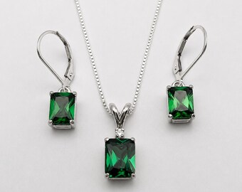 5ctw Emerald Cut Emerald Pendant Necklace and Earring Set Valentines Jewelry Gift May Birthstone