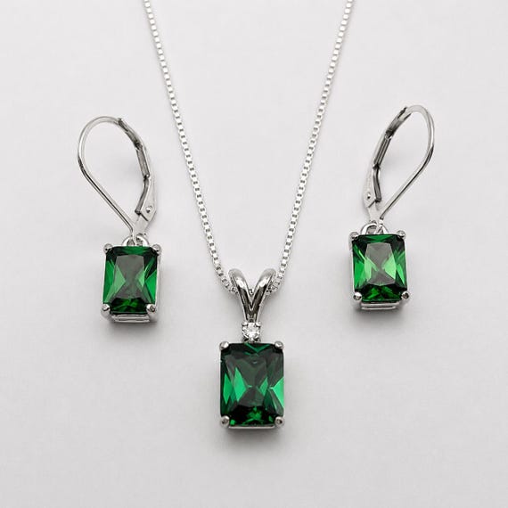 5ctw Emerald Cut Emerald Pendant Necklace and Earring Set Valentines Jewelry Gift May Birthstone