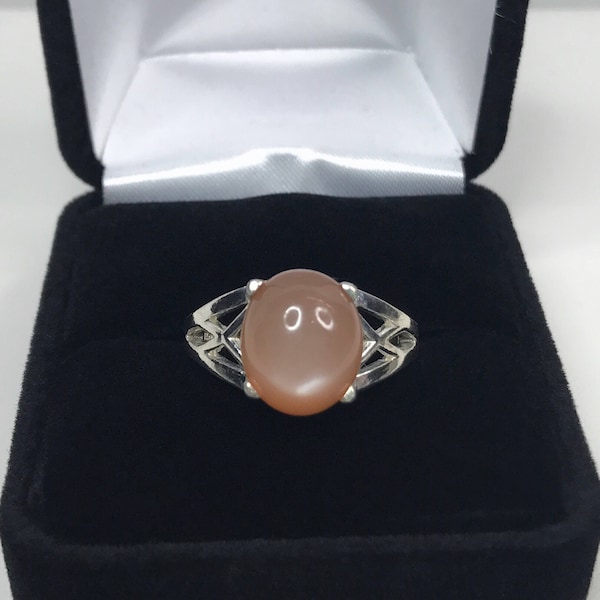 Beautiful 6ct Oval Cut Peach Moonstone Ring Sized 6 7 8 9 10 Sterling Silver Basket Weave Gemstone Ring Jewelry Gift Mother Wife Bridal