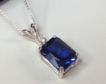 Gorgeous 2ctw Emerald Cut Sapphire Pendant Necklace 18" Blue & White Sapphire Accents jewelry trends Mothers Gift Bridal September