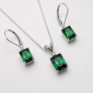 5ctw Emerald Cut Emerald Pendant Necklace and Earring Set Valentines Jewelry Gift May Birthstone image 2